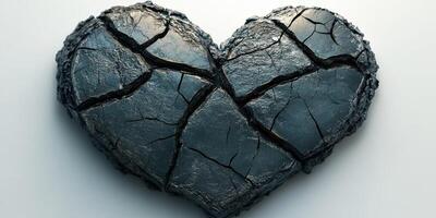 Heart sculpture made of cracked stone rests on a flat surface symbolizing resilience and hardship in lonely moments photo