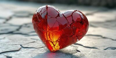 Broken glass heart resting on cracked surface in soft light creates an emotional and artistic composition photo