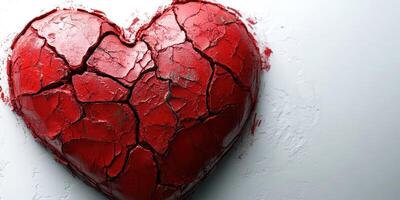 Cracked red heart symbolizing broken love and emotional pain against a light background photo