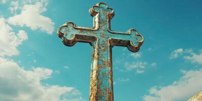 Weathered cross rises against a bright blue sky with fluffy clouds during a peaceful afternoon in a remote location photo
