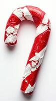 Large brightly colored candy cane with red and white swirls displayed on a plain background during the holiday season photo