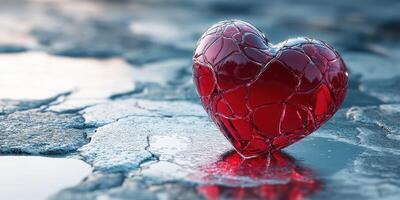 Heart-shaped glass sculpture rests on a textured surface near water in soft light during the early morning hours photo
