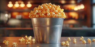 Freshly popped popcorn fills a silver bucket ready for movie night enjoyment at a cozy cinema photo