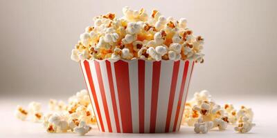 Enjoying fresh popcorn in a striped cup during a movie night at home with friends photo