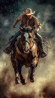 Cowboy rides a powerful horse through dust clouds in an exciting display of skill and strength at sunset photo