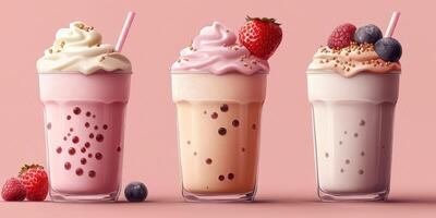 Delicious dessert drinks served in clear glasses with colorful toppings for a refreshing summer treat photo
