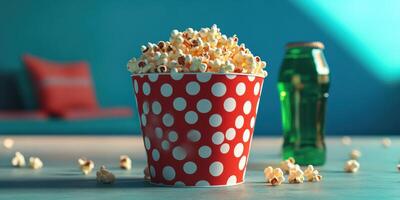 Enjoying a bowl of popcorn with a refreshing drink in a cozy indoor setting during a relaxing movie night photo