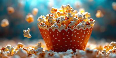 Freshly popped popcorn scattered around a colorful bowl at a lively celebration or movie night photo