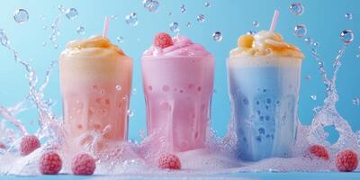 Colorful refreshing milkshakes splash in vibrant hues against a blue backdrop with fruit accents photo