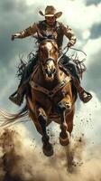 Cowboy riding a horse through dust during a dynamic rodeo performance in the countryside photo