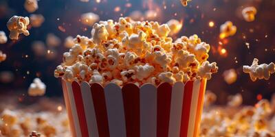 Vibrant popcorn bursts from a striped bucket in a lively cinematic atmosphere during movie night photo