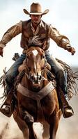 Cowboy riding swiftly on a horse through dusty terrain in a dramatic western landscape during midday photo