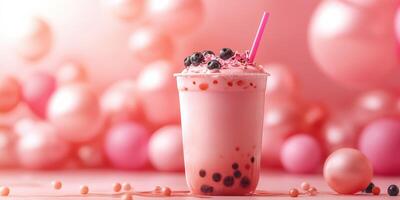Colorful bubble tea with fruit toppings displayed against a pink background at a joyful gathering photo