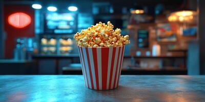 Tasty popcorn in a classic striped bucket at a cozy cinema snack bar during an evening movie photo