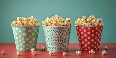 Colorful popcorn cups filled with freshly popped corn on a vibrant background in a cozy setting photo