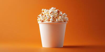 Delicious popcorn in a paper cup against a vibrant orange background perfect for movie nights and snack time photo
