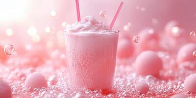 Refreshing pink drink with bubbles and froth served in a clear glass, surrounded by soft pink balls photo