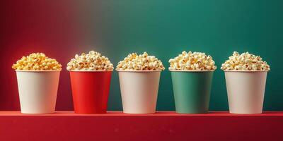 Colorful popcorn cups arranged in a row creating a festive atmosphere for movie night or a celebration photo