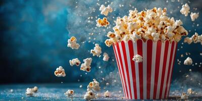 Freshly popped popcorn bursting from a striped container against a blue background photo