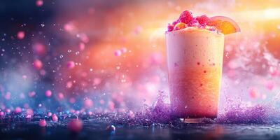 Refreshing berry smoothie with vibrant colors and splashes against a shimmering background photo