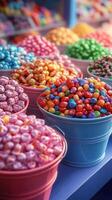 Colorful display of various candies in vibrant buckets at a festive market stall during daytime photo