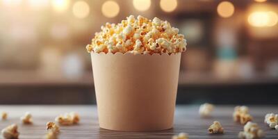 Popcorn fills a warm paper cup, highlighting a cozy atmosphere in a cinema during an evening movie time photo