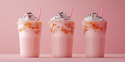 Refreshing pink milkshakes with whipped cream and chocolate sprinkles on a pastel pink background photo