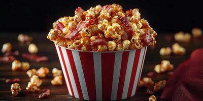 Deliciously tasty bacon popcorn served in a striped container for a perfect movie night snack experience photo