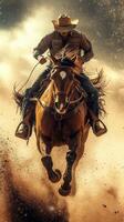 Cowboy riding a spirited horse through a dusty landscape during sunset photo