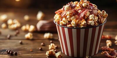 Delicious gourmet popcorn topped with crispy bacon served in a striped container on a rustic wooden table photo
