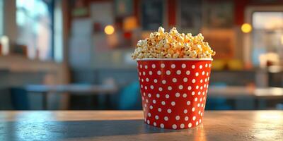 Popcorn served in a red polka dot bucket on a table in a cozy cafe during the evening hours photo