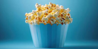 Popcorn in a blue container on a vibrant blue background ready for movie night or a fun snack photo