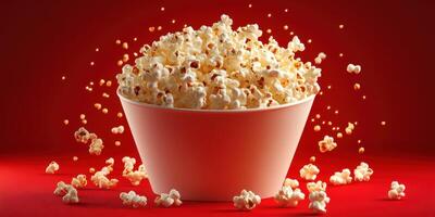 Popcorn spills from a white bowl against a vibrant red background, creating a fun and playful atmosphere for snacks photo