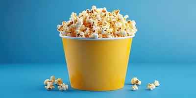 Deliciously fluffy popcorn served in a yellow container against a vibrant blue background photo