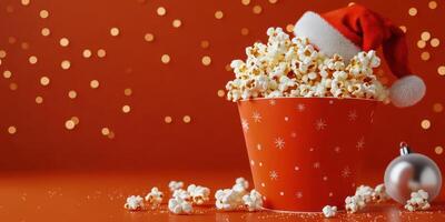 Festive popcorn bucket with Santa hat on a vibrant background during the holiday season photo