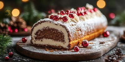 Festive chocolate yule log adorned with red berries and pine decorations during holiday season photo