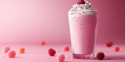 Creamy pink milkshake with whipped cream and raspberries against a soft pink backdrop photo