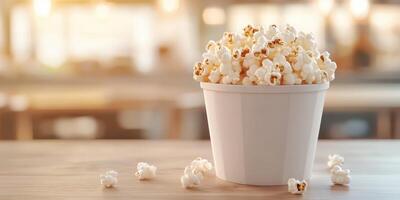 Freshly popped popcorn served in a white bucket on a wooden table in a bright and inviting space photo