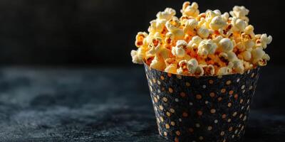 Freshly popped popcorn in a black and orange dotted cup ready for movie night at home photo