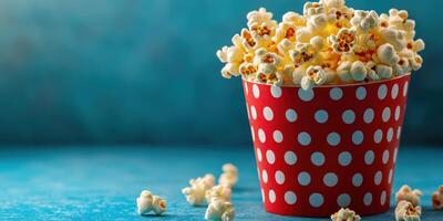 Freshly popped popcorn in a red polka dot container on a blue background ready for a movie night photo