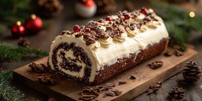Festive chocolate cake roll decorated with cream and red berries for the holiday season photo