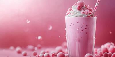 Refreshing pink raspberry milkshake topped with whipped cream and candy on a vibrant background photo