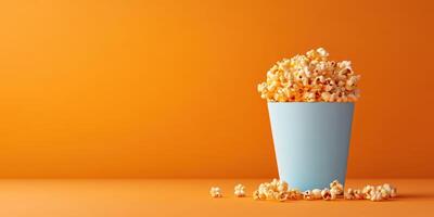 Yellow popcorn overflowing from a light blue container against an orange background for a vibrant snack setting photo