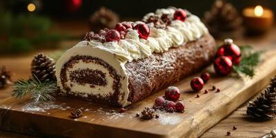 Delicious chocolate yule log with festive decorations displayed on wooden table during the holiday season photo