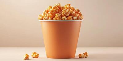 Freshly popped caramel popcorn in a large cup on a beige background ready for enjoyment during movie night photo