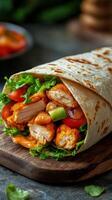 Freshly made chicken wrap filled with vegetables and creamy sauce served on a wooden board in a cozy kitchen setting photo