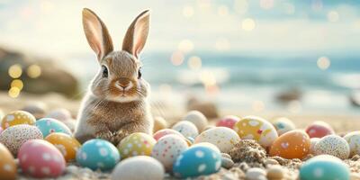 Cute rabbit surrounded by colorful Easter eggs on a sandy beach during a sunny day photo