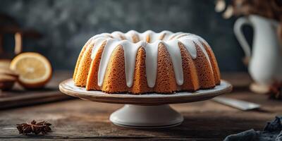 Delightful bundt cake with icing served on a rustic wooden table with citrus fruits in the background photo