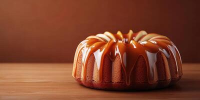 Delicious caramel drizzle cake displayed on a wooden surface in warm lighting photo