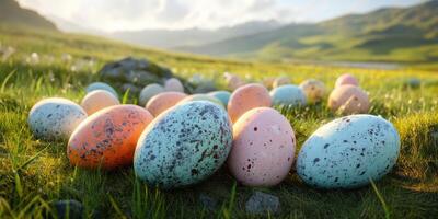 Colorful eggs scattered across a sunlit grassy field in springtime nature photo